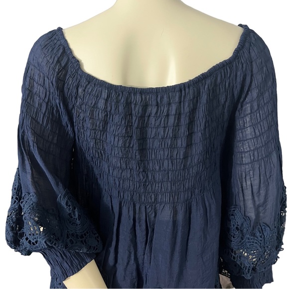 Casting |  Women’s Crochet Trim Smocked Off-The-Shoulder Top Color: Navy - Picture 11 of 17